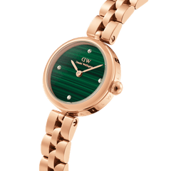 Elan Lumine Malachite Rose Gold ladies watch with a rose gold three-link bracelet, featuring a green malachite dial and crystal markers, shown in a detailed angled view.