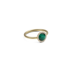 Audrey Ring Malachite Gold with a round green malachite centrepiece, surrounded by white cubic zirconia and set on a slim gold-plated band, shown at an angle to highlight its elegant halo design.