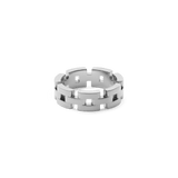 Silver ring with a geometric open-link design and polished finish, crafted from stainless steel for a modern, minimalist look.
