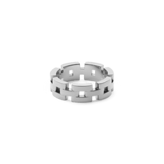 Silver ring with a geometric open-link design and polished finish, crafted from stainless steel for a modern, minimalist look.
