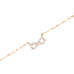 Close-up of the Mirelle Infinity Necklace Rose Gold, showing a fine rose gold chain with a sparkling infinity pendant set with white cubic zirconia for a refined, minimalist look.
