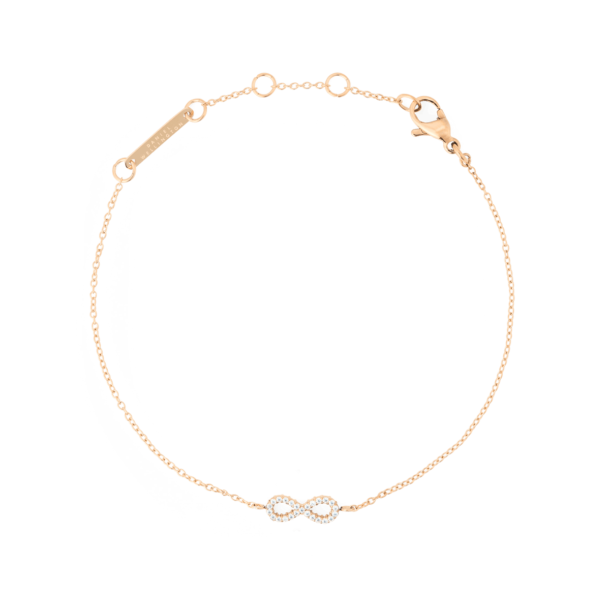 Delicate rose gold bracelet featuring a fine adjustable chain and an infinity charm set with sparkling white cubic zirconia stones, designed for a refined and timeless look.
