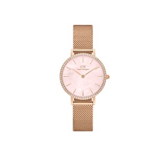 Rose gold ladies watch with a mesh strap, crystal-set bezel, and a pink mother of pearl dial, featuring minimalist hour markers and a slim profile.