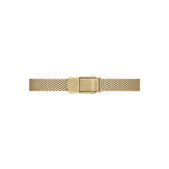 The Quadro Mini Evergold Amber features a slim gold mesh bracelet with an adjustable clasp, offering a comfortable and secure fit for petite wrists.