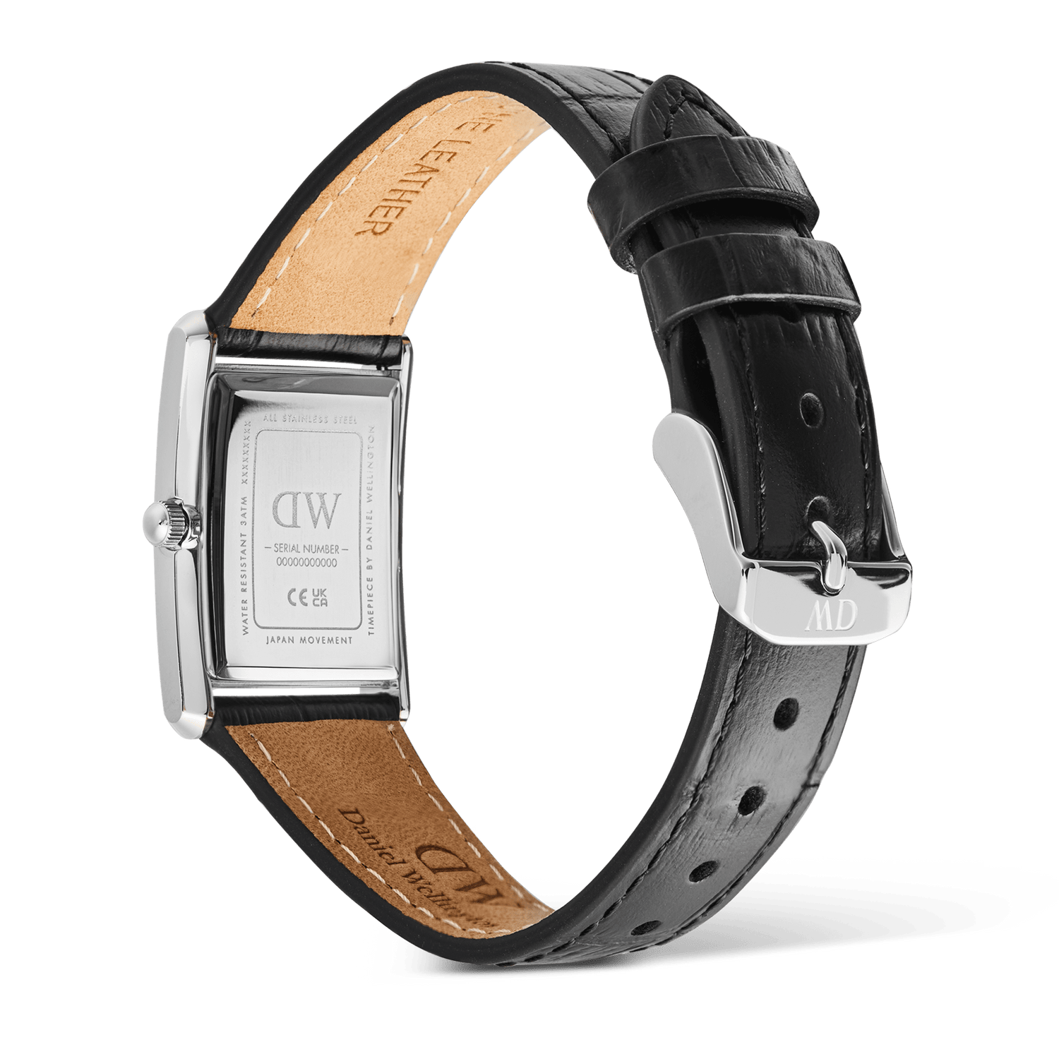 Rear view of the Bound Black Crocodile Guilloché Silver watch, showing the engraved stainless steel case back, black crocodile-embossed genuine leather strap, and polished silver pin buckle.