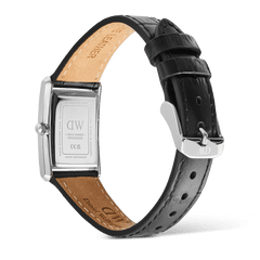 Rear view of the Bound Black Crocodile Guilloché Silver watch, showing the engraved stainless steel case back, black crocodile-embossed genuine leather strap, and polished silver pin buckle.