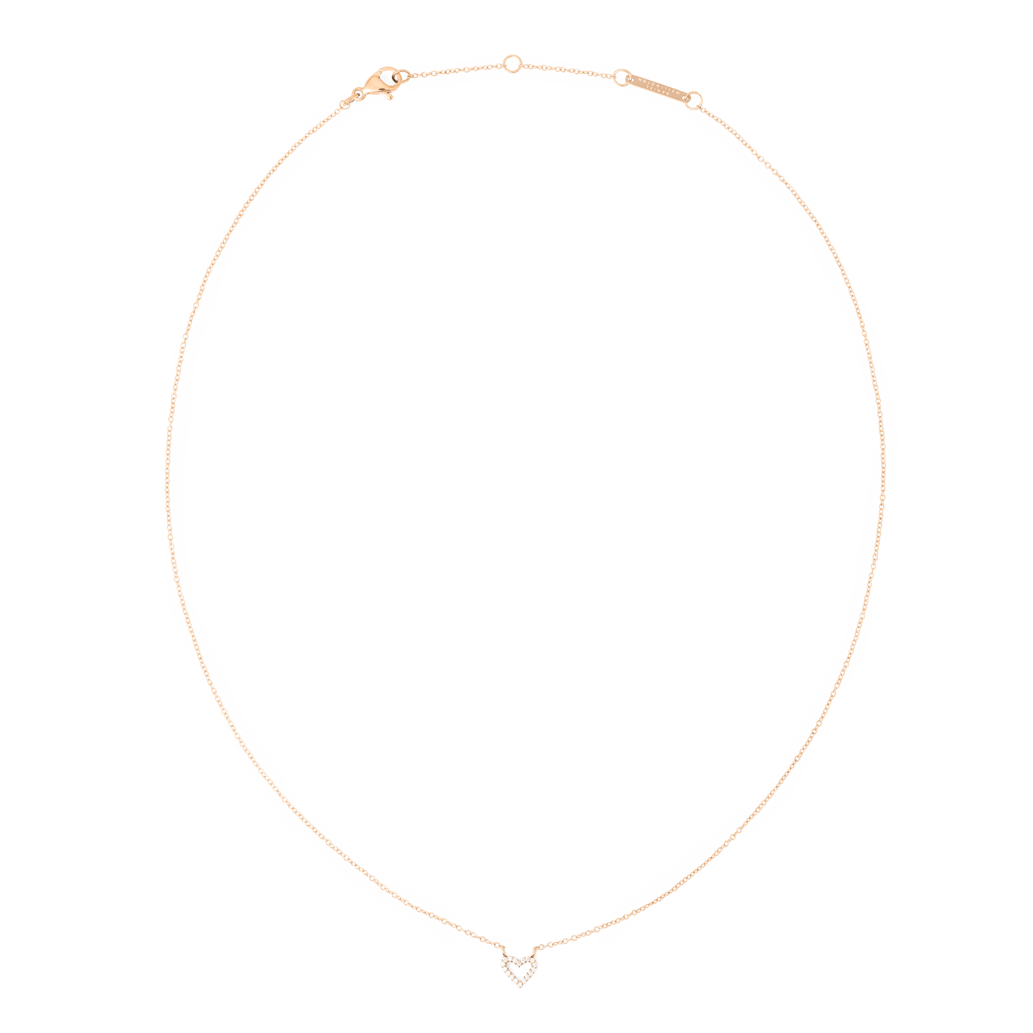 Delicate rose gold necklace featuring a fine adjustable chain and an open heart pendant with sparkling cubic zirconia accents, designed for a subtle and elegant look.