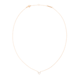 Delicate rose gold necklace featuring a fine adjustable chain and an open heart pendant with sparkling cubic zirconia accents, designed for a subtle and elegant look.