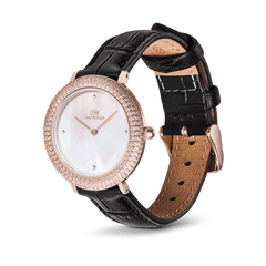 Crystalline Bezel Black Croc Rose Gold ladies watch featuring a rose gold case with a crystal-set bezel, white mother of pearl dial, and a black croc-embossed leather strap with adjustable buckle.