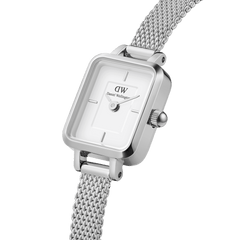 Close-up of the Quadro Mini Sterling silver ladies watch, showcasing its rectangular stainless steel case, minimalist white dial, and polished silver mesh strap.