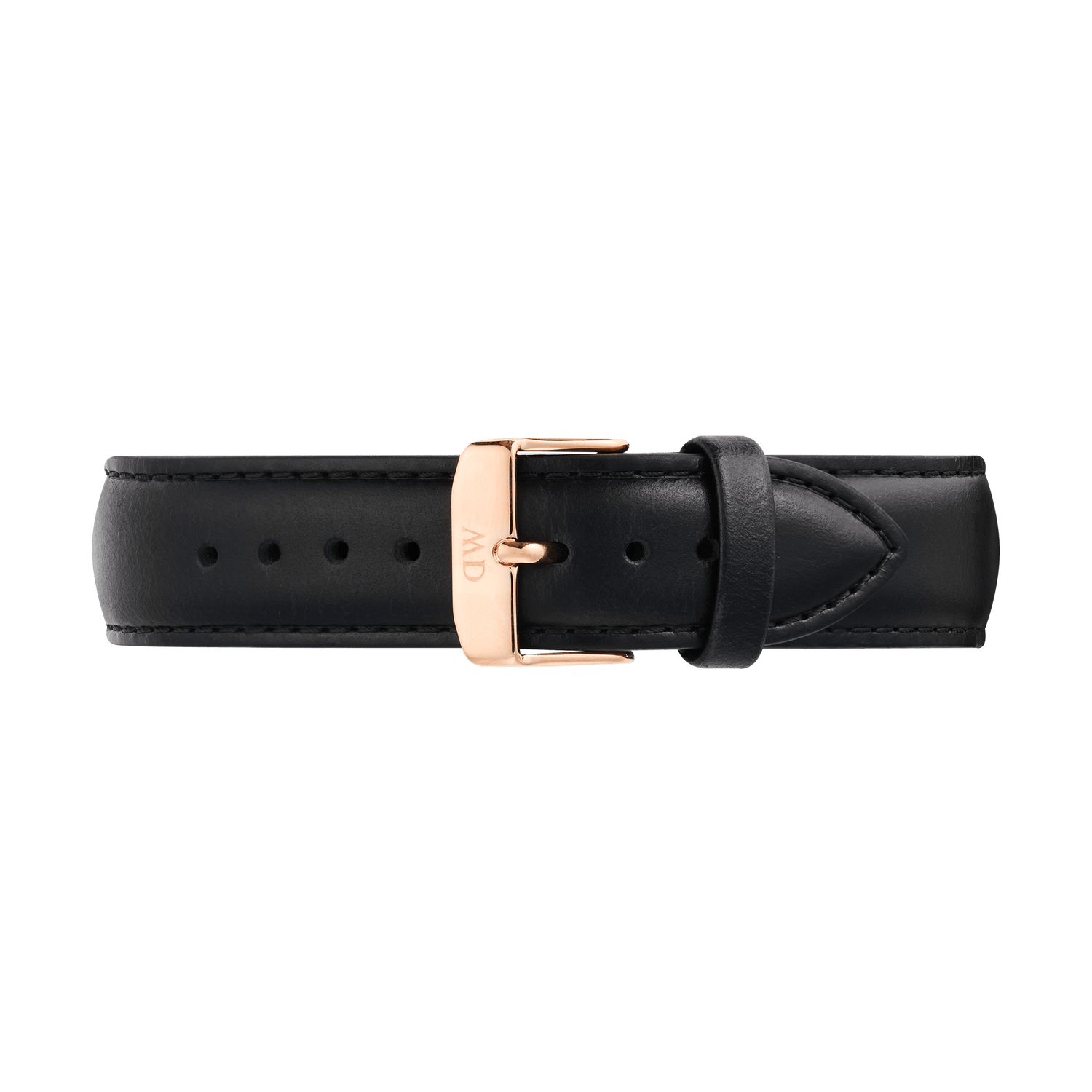 Black leather watch strap with a tapered profile, featuring a polished rose gold pin buckle and subtle stitching, suitable for pairing with men's watches for a refined and classic look.
