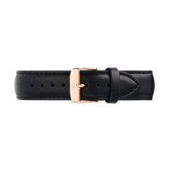 Black leather watch strap with a tapered profile, featuring a polished rose gold pin buckle and subtle stitching, suitable for pairing with men's watches for a refined and classic look.