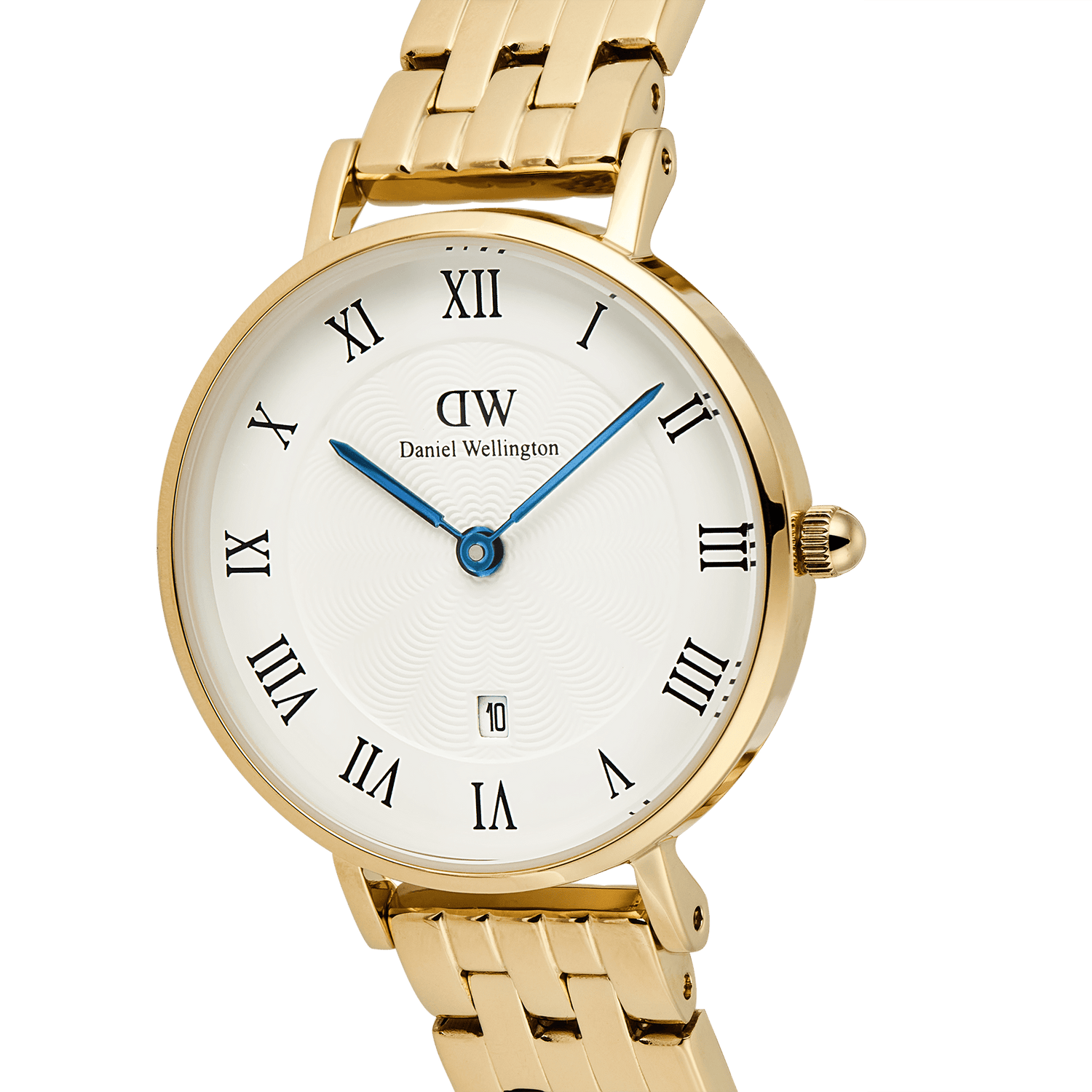 Close-up of the Petite Roman Numerals Date 5-link Gold watch showing the gold 5-link bracelet, white guilloché dial, Roman numeral hour markers, blue hands, and date window at 6 o’clock.