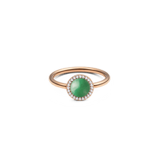 Rose gold ring featuring a domed green jade centrepiece surrounded by a halo of sparkling white cubic zirconia, set on a slim polished band.