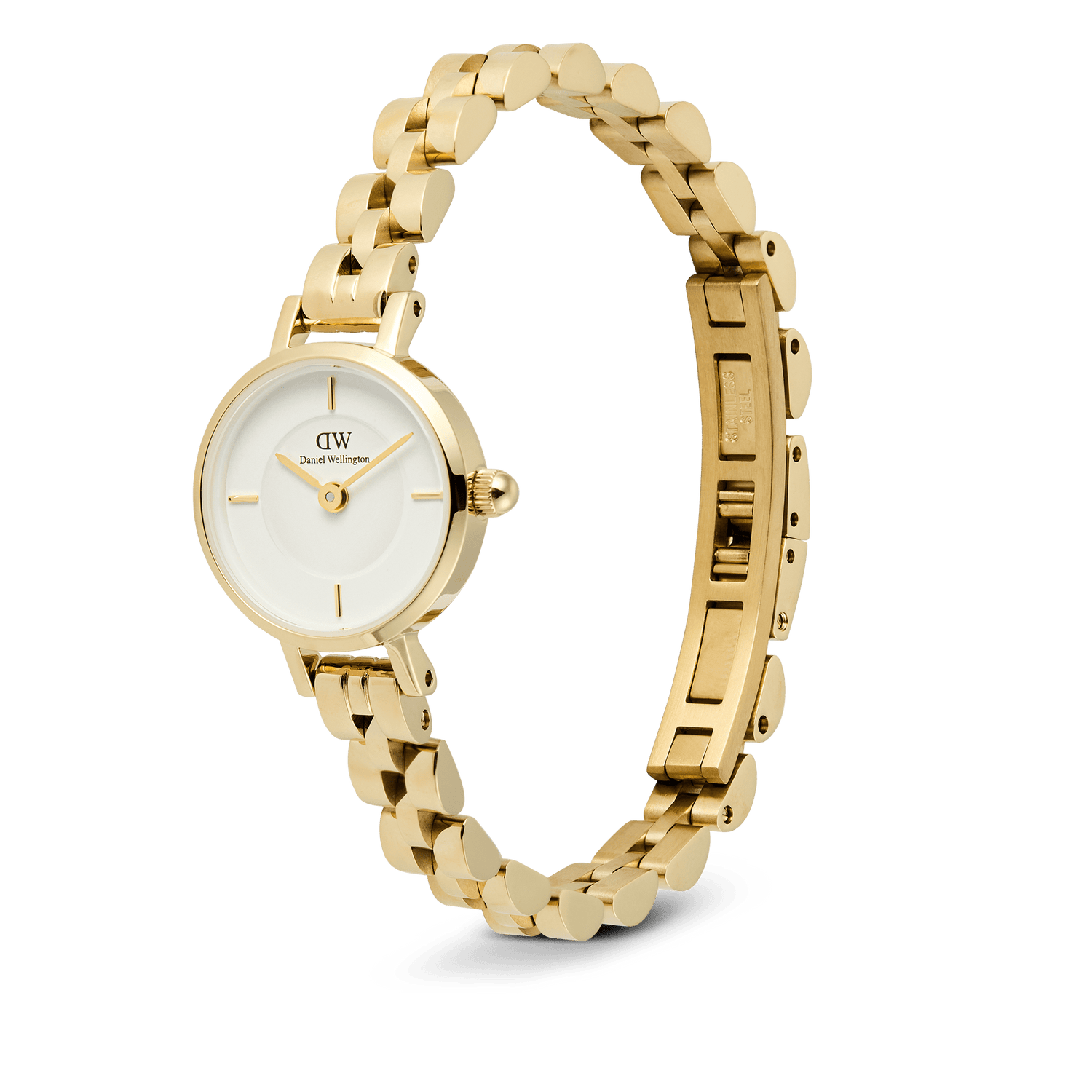 Petite Mini Arch 3-link White Gold watch featuring a petite 19mm gold case, crisp white dial, minimalist gold indices, and an arched three-link bracelet with a buttonless butterfly clasp for a seamless, modern finish.