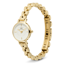 Petite Mini Arch 3-link White Gold watch featuring a petite 19mm gold case, crisp white dial, minimalist gold indices, and an arched three-link bracelet with a buttonless butterfly clasp for a seamless, modern finish.