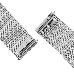 Close-up of the Mesh Sterling Strap Silver showing the spring bar connectors and polished stainless steel mesh, highlighting its easy-to-fit design for quick watch strap changes.