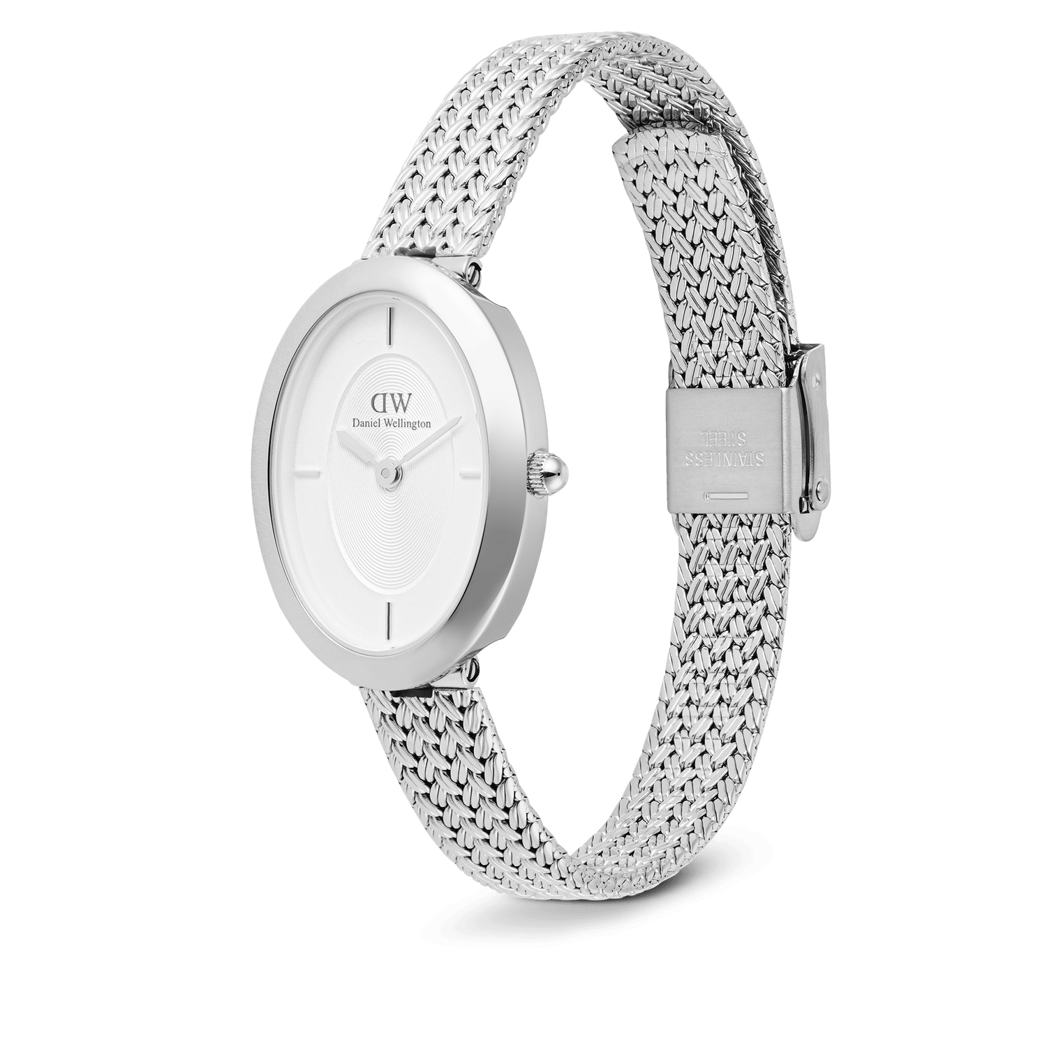 Juliette Braided Mesh White Sunray Silver ladies watch with an oval stainless steel case, minimalist white sunray dial, and adjustable braided mesh strap, shown from a side angle highlighting the fold-over clasp.