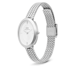 Juliette Braided Mesh White Sunray Silver ladies watch with an oval stainless steel case, minimalist white sunray dial, and adjustable braided mesh strap, shown from a side angle highlighting the fold-over clasp.
