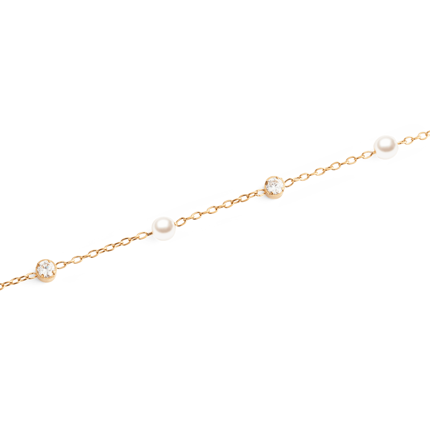 Close-up of the Pearl Bracelet Rose Gold, showing the fine rose gold chain with alternating Swarovski glass pearls and cubic zirconia stones for a refined, modern finish.