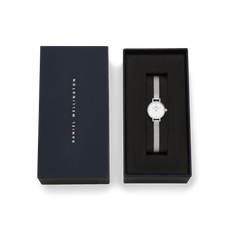 Petite Mini Sterling silver watch with a minimalist white dial and mesh strap, presented in a sleek Daniel Wellington gift box, ideal for gifting on special occasions.