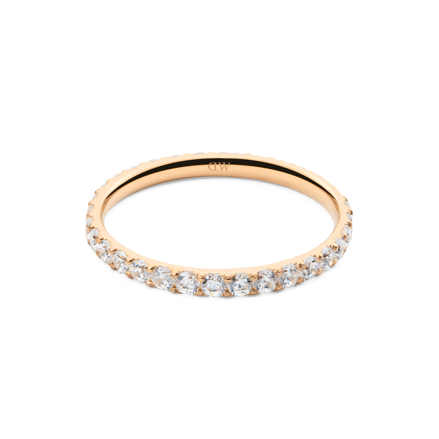 Rose gold Mirelle Eternity Ring with a 2mm slim band, featuring a continuous row of sparkling white cubic zirconia crystals for a refined and modern look.