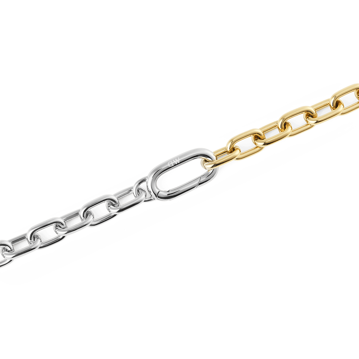 Close-up of the Contrast Link Necklace Two Tone Gold showing the detailed gold and silver links with a smooth, polished finish and secure clasp.