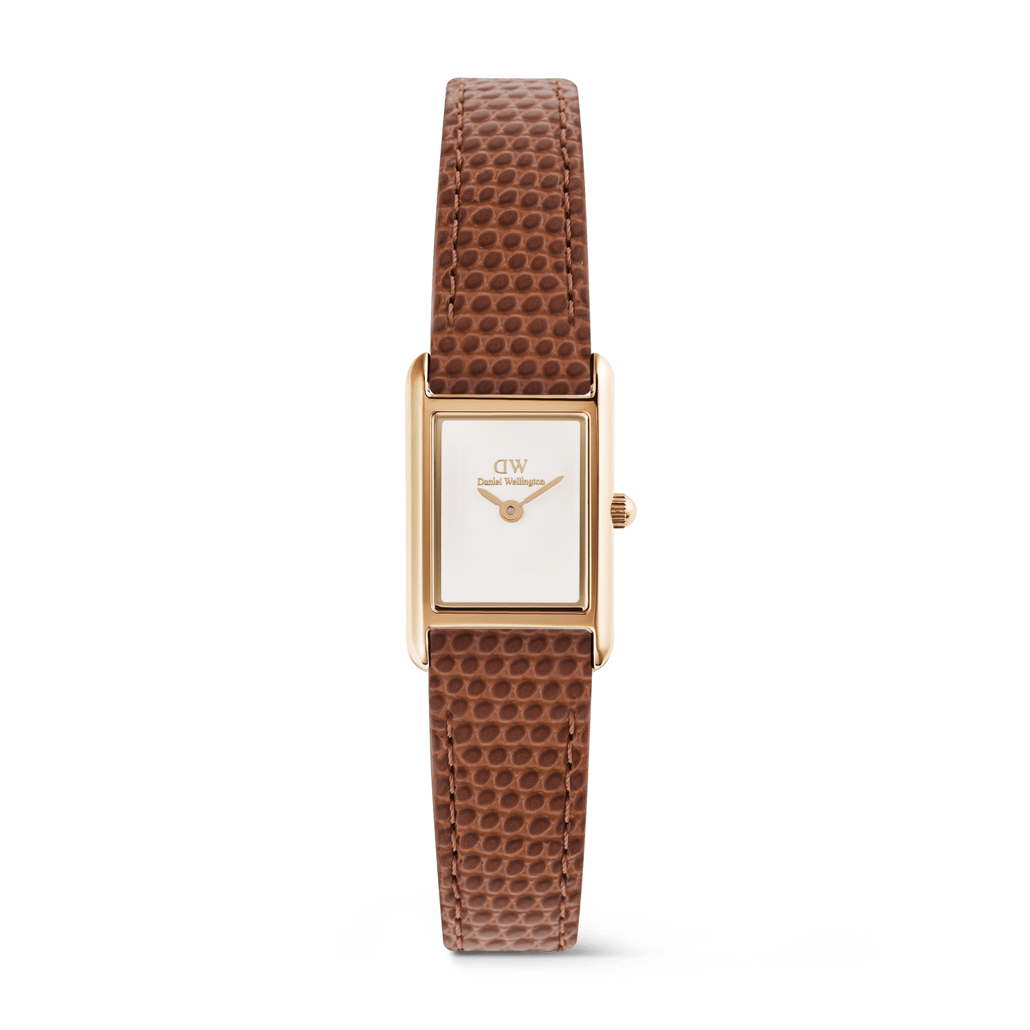 Petite ladies watch with a rectangular rose gold case, minimalist white dial, and light brown lizard-textured leather strap, designed for everyday elegance and versatility.