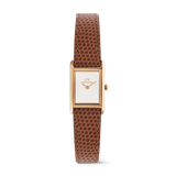 Petite ladies watch with a rectangular rose gold case, minimalist white dial, and light brown lizard-textured leather strap, designed for everyday elegance and versatility.