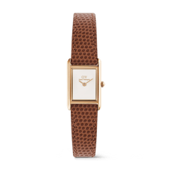 Petite ladies watch with a rectangular rose gold case, minimalist white dial, and light brown lizard-textured leather strap, designed for everyday elegance and versatility.