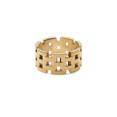 Wide gold ring with an architectural five-link design and polished finish, featuring open geometric links for a bold and modern look.
