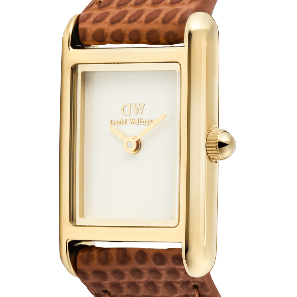 Close-up of the Bound Mini Light Brown Lizard Gold watch, showing the gold rectangular case, crisp white dial, and textured light brown lizard-embossed genuine leather strap.