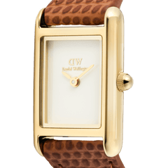 Close-up of the Bound Mini Light Brown Lizard Gold watch, showing the gold rectangular case, crisp white dial, and textured light brown lizard-embossed genuine leather strap.