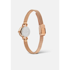 Rear view of the Petite Mini Blush Melrose watch showing the stainless steel case back and rose gold mesh strap with a safety buckle, highlighting its adjustable and secure fit.