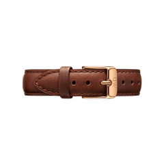 St Mawes Strap Rose Gold features a genuine brown leather watch strap with a rose gold buckle, smooth finish, and detailed stitching for a classic, polished look.