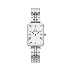 Quadro Roman Numerals 5-Link Silver watch with a rectangular white dial, roman numerals, blue hands, and a polished five-link stainless steel strap, offering a refined and versatile look for everyday wear.