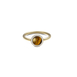 Gold ring with a slim band featuring a round tiger eye gemstone at the centre, surrounded by a halo of white cubic zirconia crystals for a refined, elegant look.