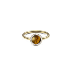 Gold ring with a slim band featuring a round tiger eye gemstone at the centre, surrounded by a halo of white cubic zirconia crystals for a refined, elegant look.