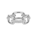 Chunky silver ring featuring bold chain links and pavé-set cubic zirconia crystals, with a polished finish and distinctive link design.