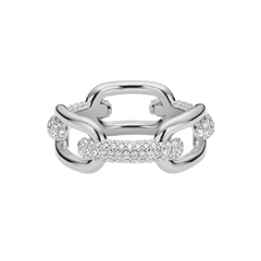 Chunky silver ring featuring bold chain links and pavé-set cubic zirconia crystals, with a polished finish and distinctive link design.