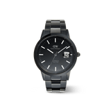 Daniel Wellington Iconic Link Automatic Black watch featuring a 40mm stainless steel case, black enamel dial with luminous markers, a magnified date display, and a sleek black link bracelet.
