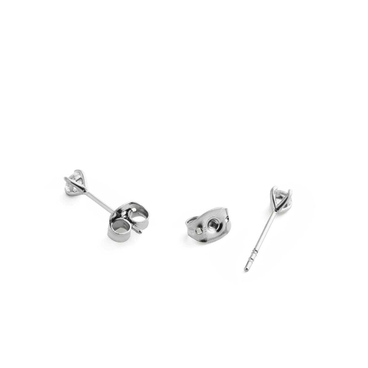 Close-up of Mirelle Solitaire Stud Earring Silver butterfly backs and posts, highlighting the polished stainless steel construction and secure fastening for comfortable daily wear.