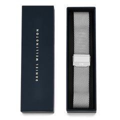 Mesh Sterling Strap Silver presented in a sleek branded box, showcasing its polished stainless steel mesh design and fold-over clasp, ideal for gifting or upgrading your watch.