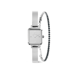 Rectangular silver Daniel Wellington Quadro Reflection watch with a slim mesh strap, paired with a Classic Tennis Bracelet featuring sparkling stones and a delicate profile, both designed for women seeking elegant and contemporary style.