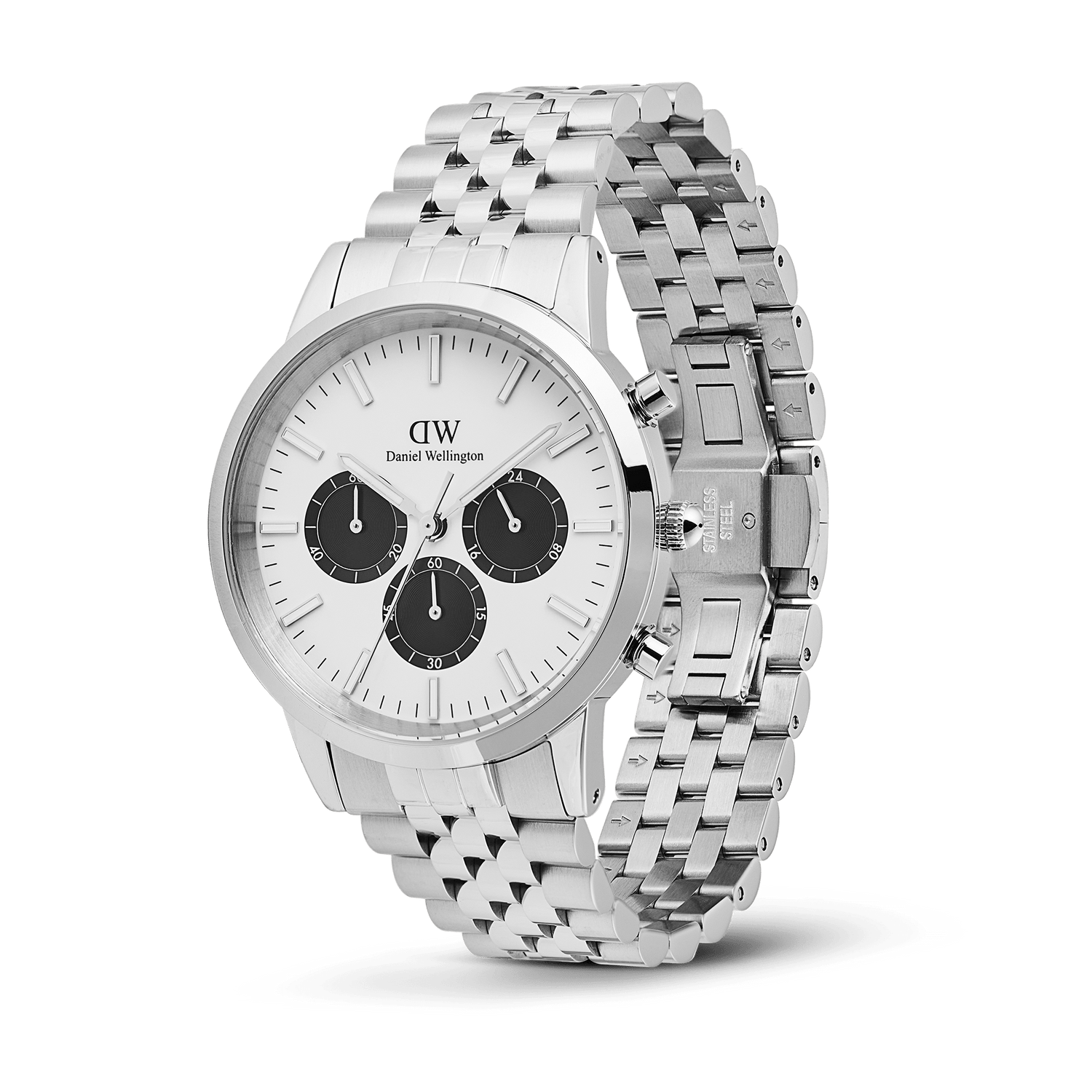 Iconic Chronograph Arch 5-Link Off-White Panda Silver men's watch featuring a 42mm stainless steel case, five-link bracelet, off-white dial with bold black sub-dials, and butterfly clasp for a secure fit.