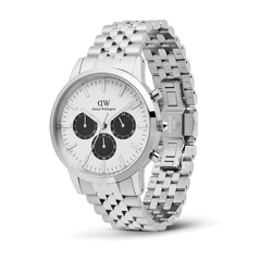 Iconic Chronograph Arch 5-Link Off-White Panda Silver men's watch featuring a 42mm stainless steel case, five-link bracelet, off-white dial with bold black sub-dials, and butterfly clasp for a secure fit.