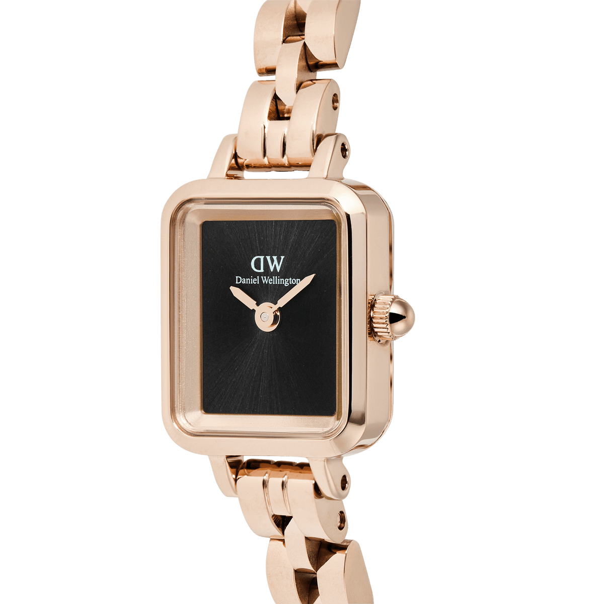 Quadro Mini Arch 3-link Onyx Sunray Rose Gold ladies watch with a polished rectangular rose gold case, black sunray dial, and slim three-link bracelet, highlighting its minimalist and elegant design.