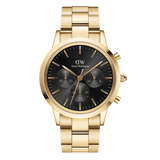 Gold Iconic Chronograph Link Onyx G men's watch with a black sunray dial, three sub-dials, and a polished gold stainless steel bracelet, blending classic style with modern chronograph functionality.