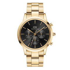 Gold Iconic Chronograph Link Onyx G men's watch with a black sunray dial, three sub-dials, and a polished gold stainless steel bracelet, blending classic style with modern chronograph functionality.