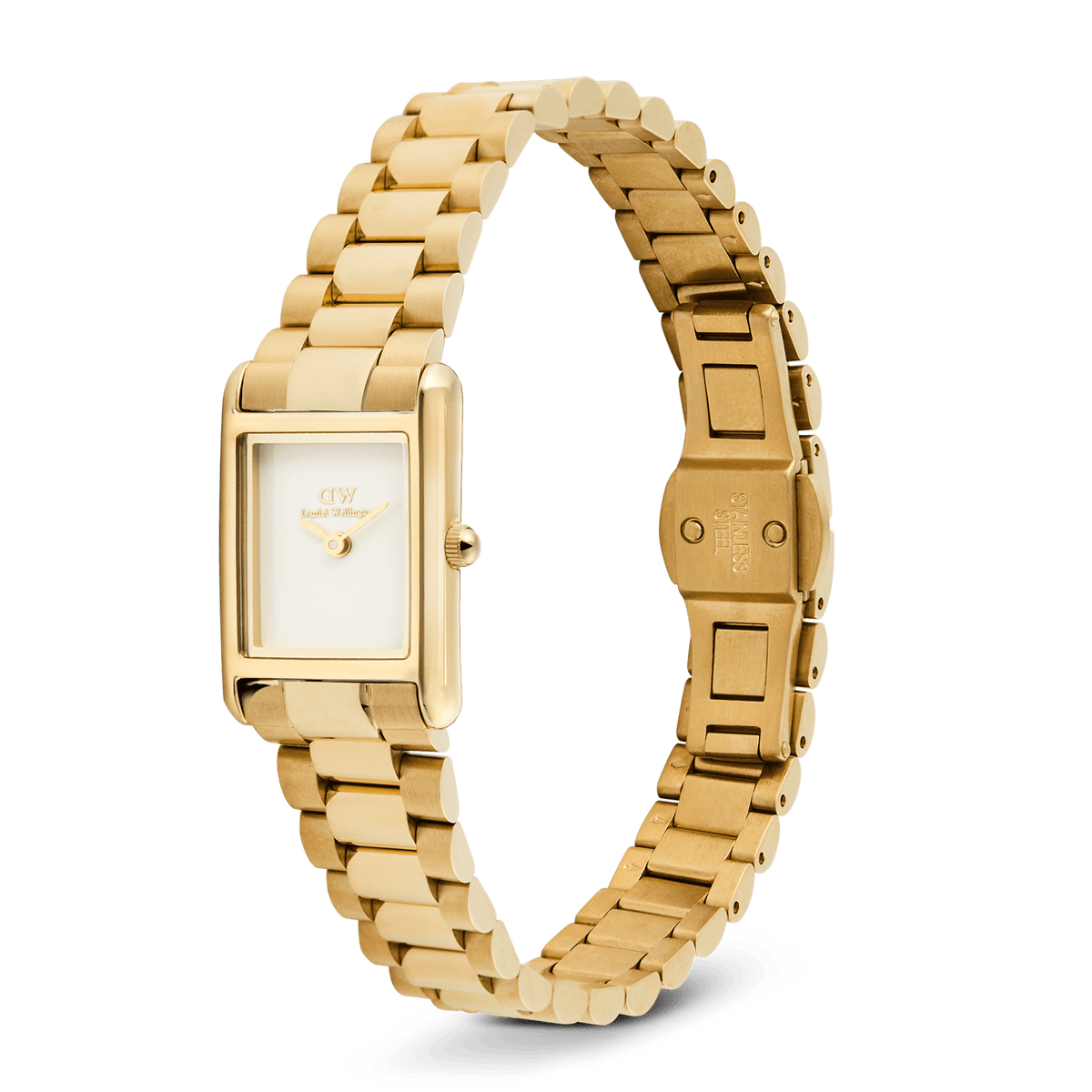 Bound Mini 3-Link Gold watch featuring a slim rectangular gold case, crisp white dial, and adjustable 3-link gold bracelet with butterfly buckle, shown in a side angle to highlight its elegant profile and quality finish.